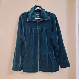 Vintage Women´s Green Velour Zip Up Pockets Jacket Cardigan Sz 2X Holidays